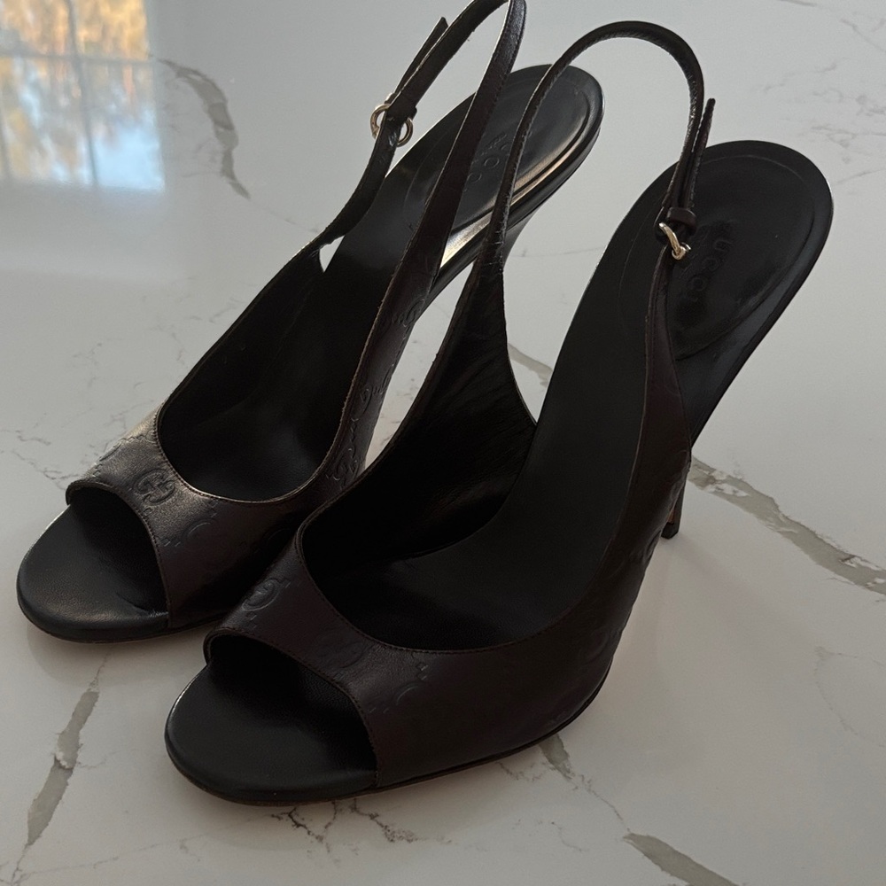 Gucci Dark Brown Slingback Peep-Toe High Heels
